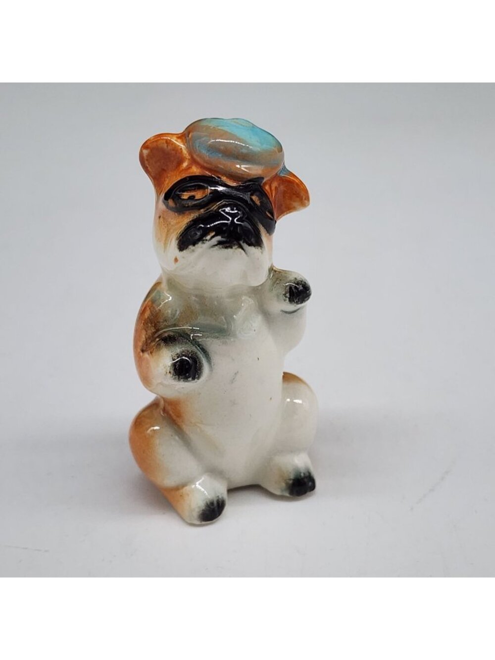 Vintage Porcelain Bandit Pug Figurine With Blue Hat Japan 2.5" Tall